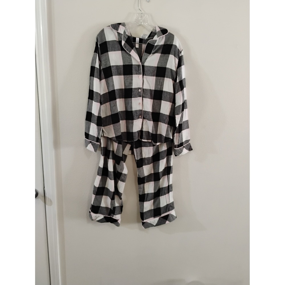 Joyspun Womens Buffalo Plaid Pajama Set Black White Pink Flannel Size M 8-10